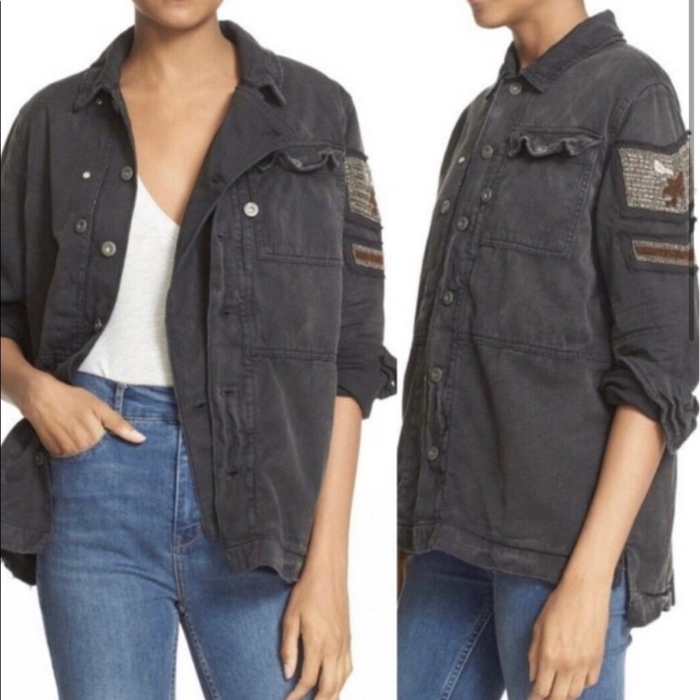 Free People Embellished Military Shirt Jacket